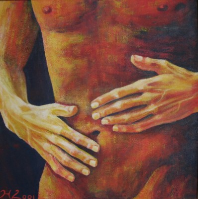 Acrylbild mit einer männlichen Figur in Rot und Blau